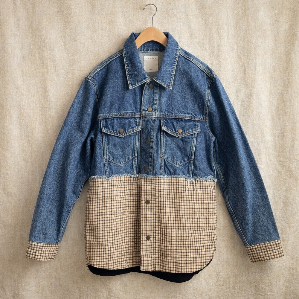SANDRO PARIS Denim Plaid Hybrid Jacket Cropped  Shacket Trucker Coat Overshoot